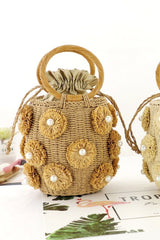 Boho Bag, Woven Straw Rope Busket Bag, Flower Busket in Brown and Ivory