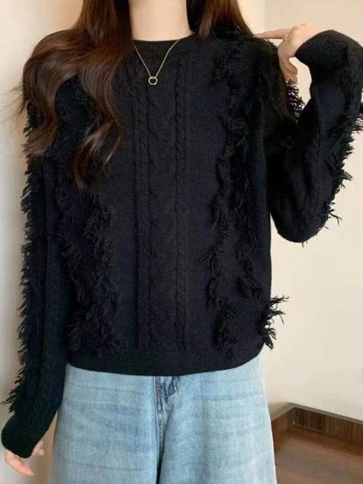 Solid Tassel Cable Knit Sweater