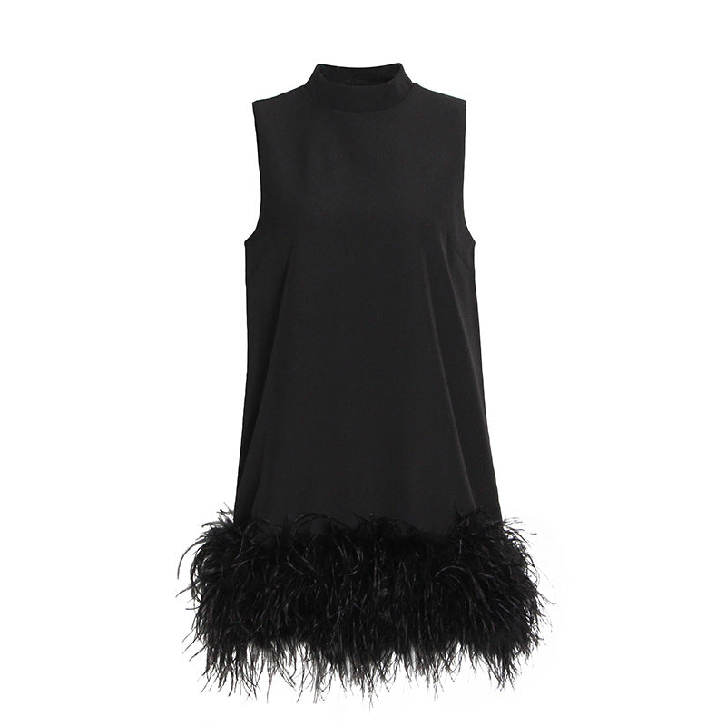 High Collar Tassel Feather Party Mini Dresses