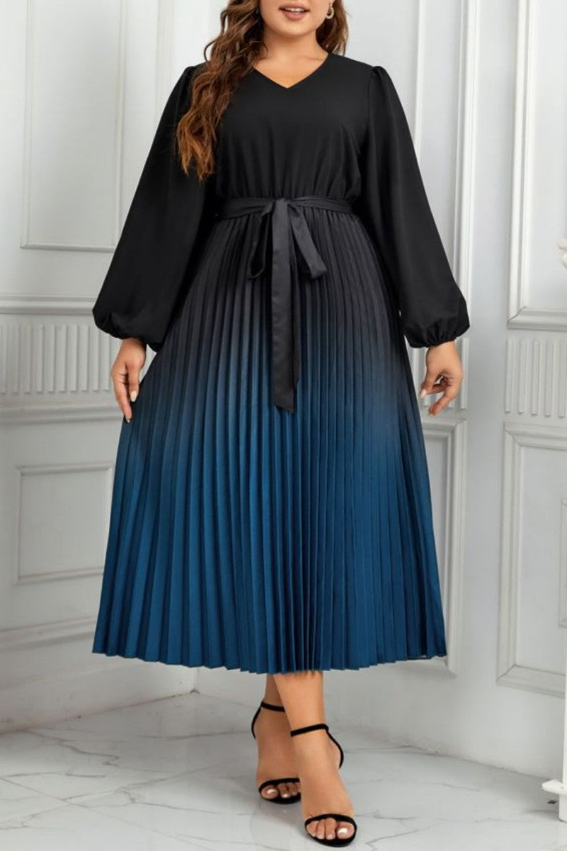 Casual Gradual Change Print Pleated V Neck Long Sleeve Plus Size Dresses