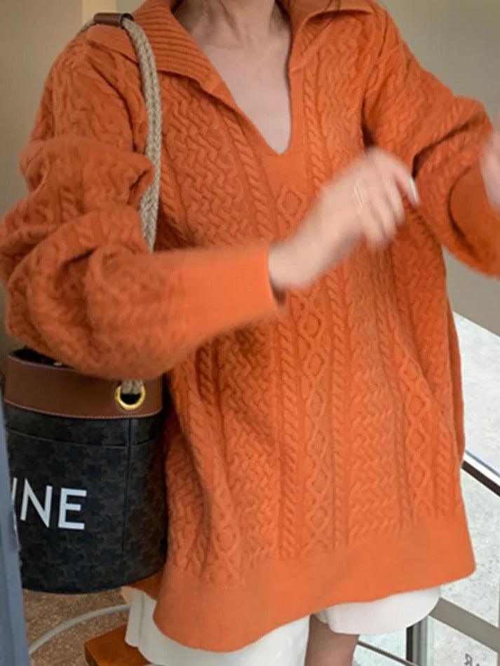 Solid V Neck Cable Knit Sweater
