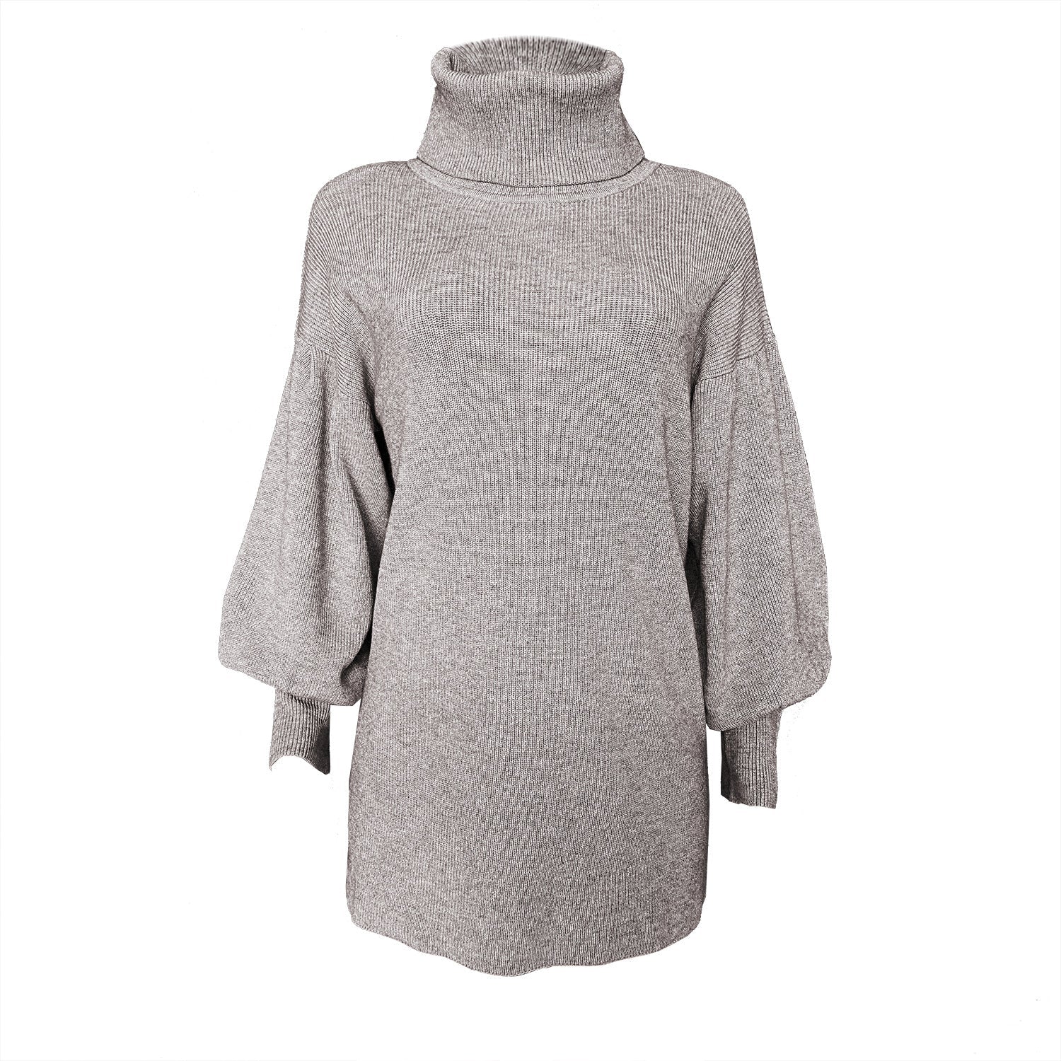 Knit Lantern Sleeve High Collar Sweater Mini Dresses