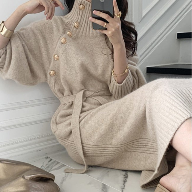 Knit High Collar Lace-up Puff Sleeve Sweater Midi Dresses