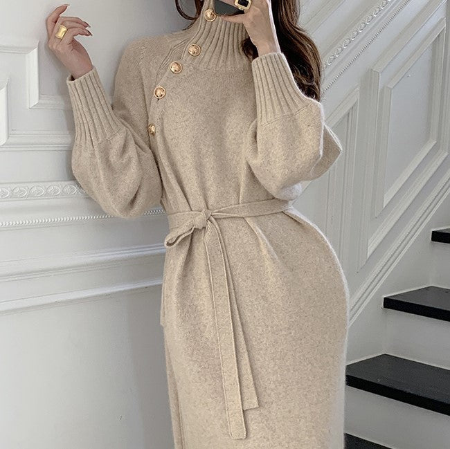 Knit High Collar Lace-up Puff Sleeve Sweater Midi Dresses
