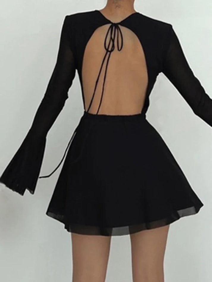 Solid Color Mesh Splice Backless Flare Sleeve Mini Dress