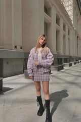 Autumn Winter Two Piece Set, Matching Wool Plaid Jacket and Mini Skirt, Vintage Winter in Purple-White