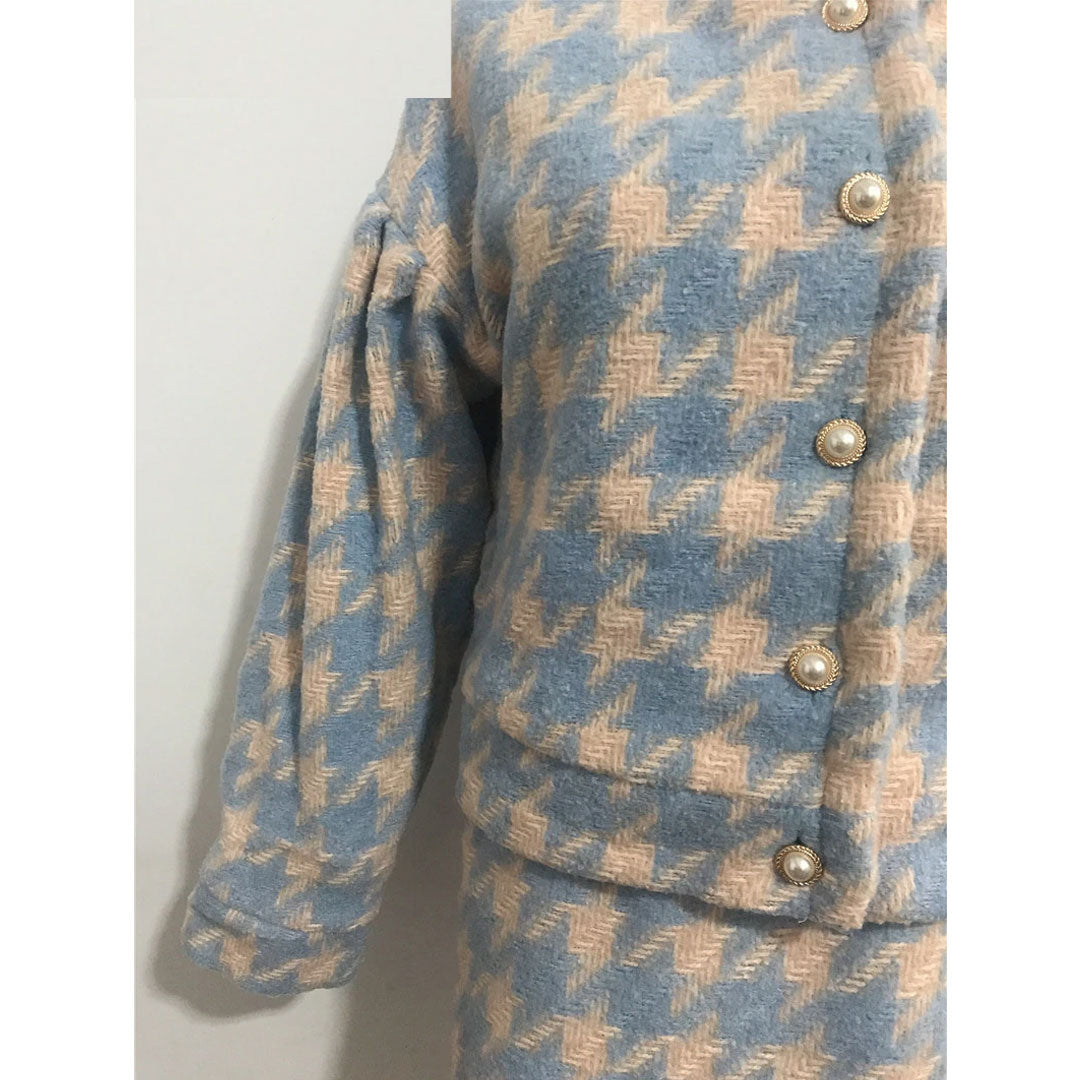 Autumn Winter Two Piece Set, Matching Wool Plaid Jacket and Mini Skirt, Vintage Winter in Blue-White
