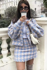 Autumn Winter Two Piece Set, Matching Wool Plaid Jacket and Mini Skirt, Vintage Winter in Blue-White