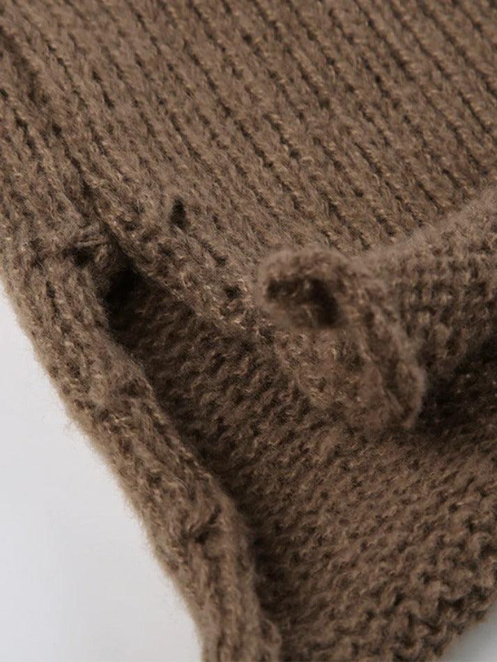 Solid V Neck Slit Rolled Sweater