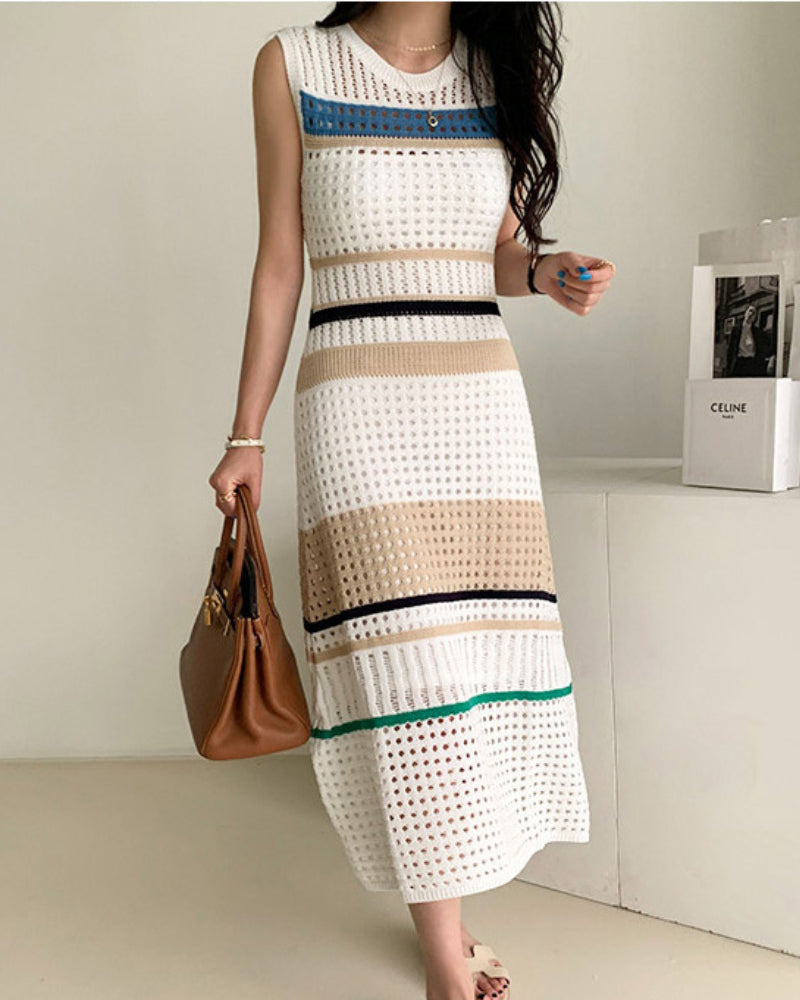 Knit Hollow-out Round Neck Sweater Midi Dresses