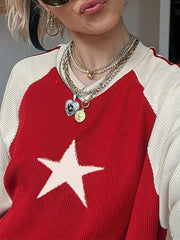 Vintage Contrast Color Star Raglan Sweater