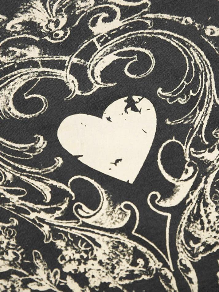 Vintage Heart Print Off Shoulder Long Sleeve Tee