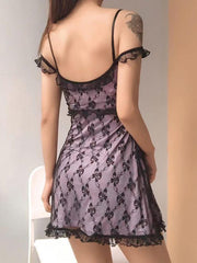 Strappy V-Neck Ruffled Mini A-Line Lace Dress