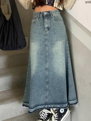 Vintage Distressed Frayed Hem A Line Midi Skirt