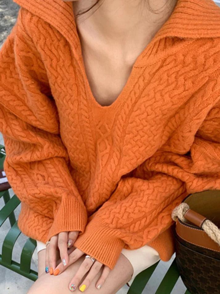 Solid V Neck Cable Knit Sweater