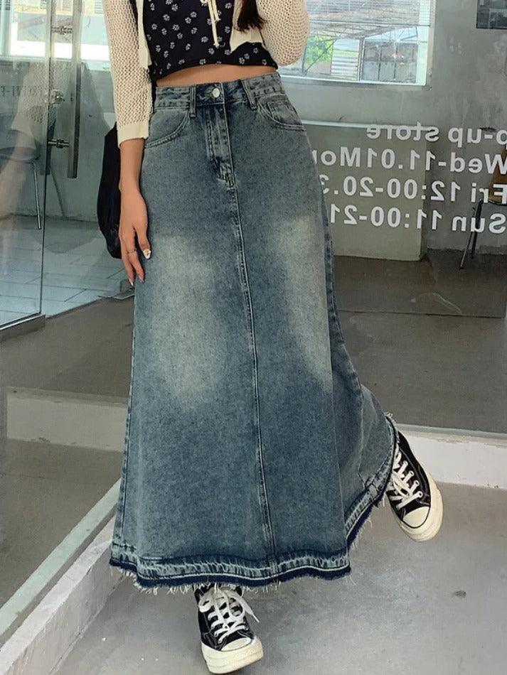 Vintage Distressed Frayed Hem A Line Midi Skirt