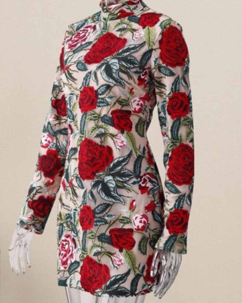 High Neckline Floral Embroidered Bodycon Mini Dresses