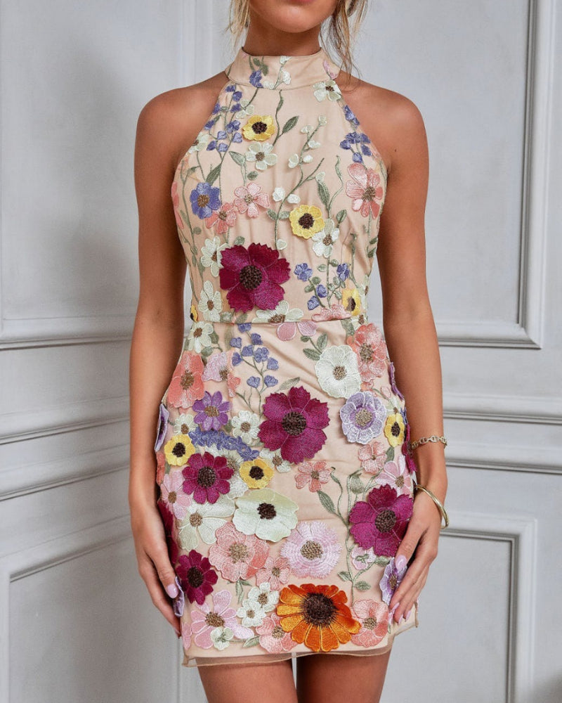 Halter Floral Embroidered Bodycon Mini Dresses