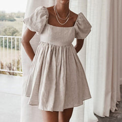 Tampa Puff Sleeve High Waist Linen Mini Dress