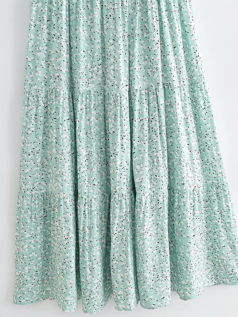 Floral Puff Sleeve Round Neck Shirred Frill Midi Dresses