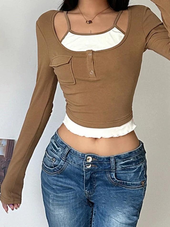 Vintage Contrast Fake Two Piece Cropped Long Sleeve Tee