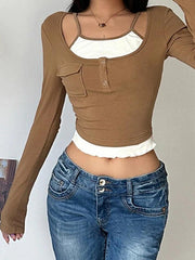 Vintage Contrast Fake Two Piece Cropped Long Sleeve Tee