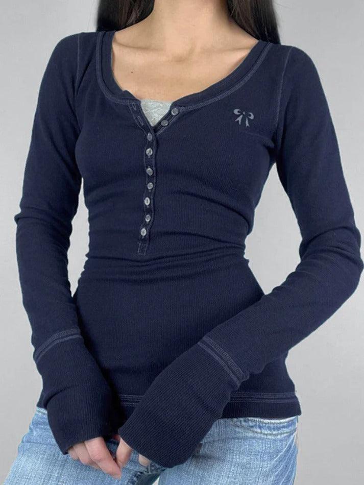 Vintage Embroidery Top-stitching Breasted Long Sleeve Tee