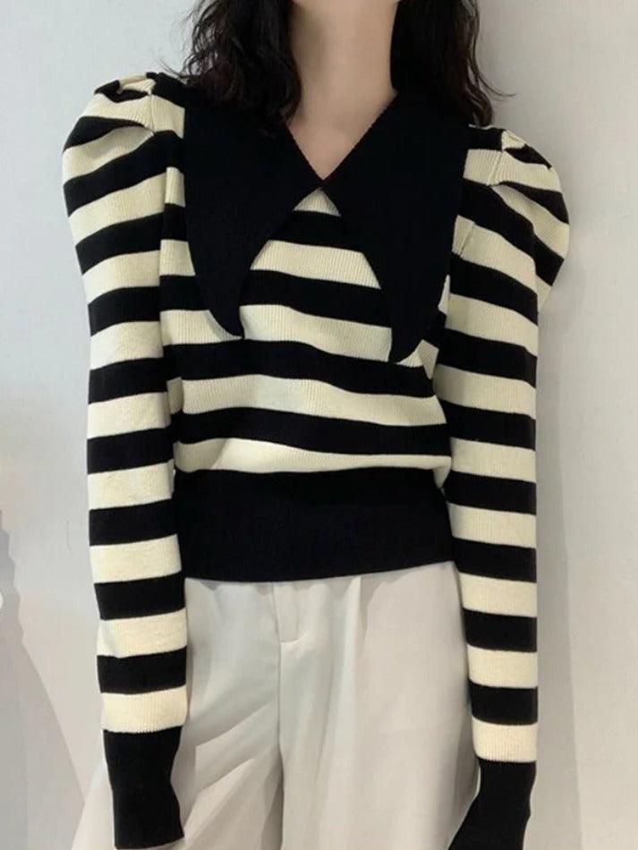 Striped Puff Sleeve Knit Sweater