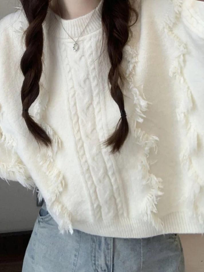Solid Tassel Cable Knit Sweater