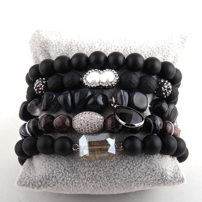 Boho Bracelet, RH Bracelet Set, Cubic Zircon Ball, Natural Stones,  in Black and White