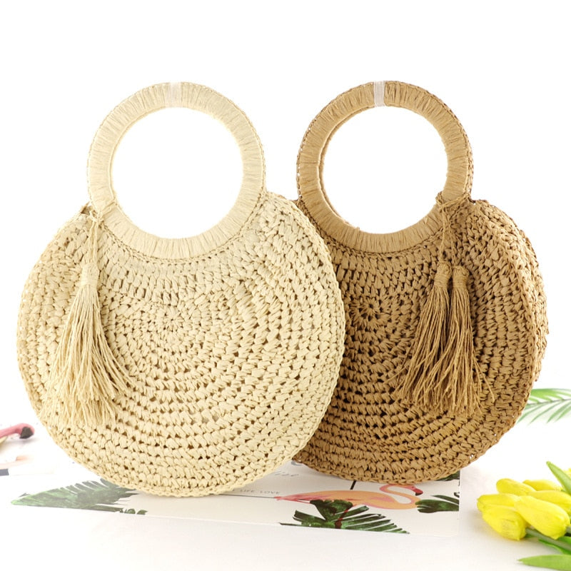 Boho Bag, Woven Straw Rope Bag, Rattan Bag, Yellow Moon Tassel in Brown and Ivory