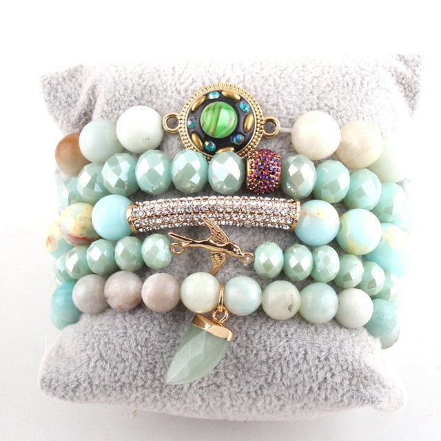 Boho Bracelet, RH Bracelet Set, Freedom Bird, Natural Stones in Green, Rose, White