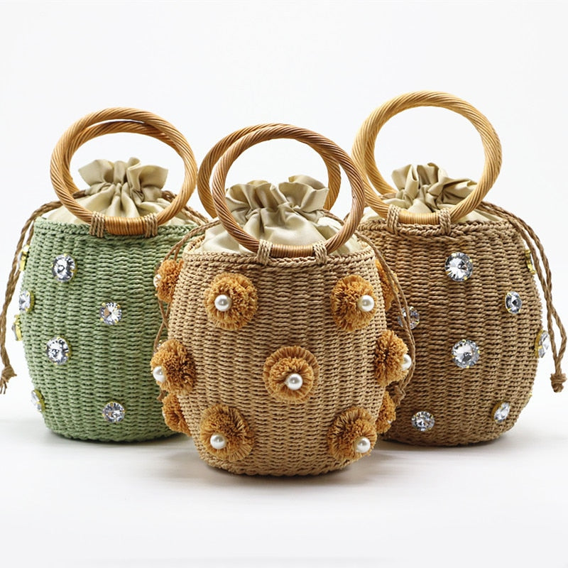 Boho Bag, Woven Straw Rope Basket Bag, Green Diamond Busket