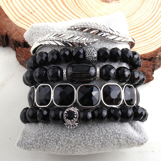 Boho Bracelet, RH Bracelet Set, Cubic Zircon Ball, Natural Stones Ball in Black and White