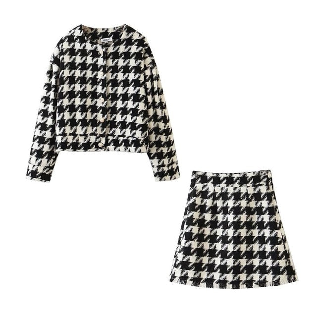 Autumn Winter Two Piece Set, Matching Wool Plaid Jacket and Mini Skirt, Vintage Winter in Black-White