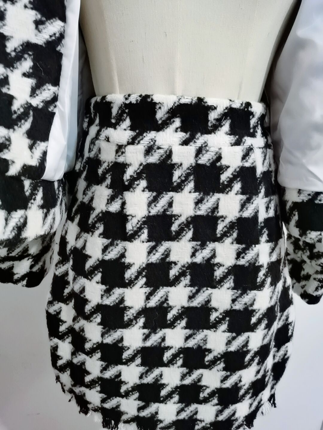 Autumn Winter Two Piece Set, Matching Wool Plaid Jacket and Mini Skirt, Vintage Winter in Black-White