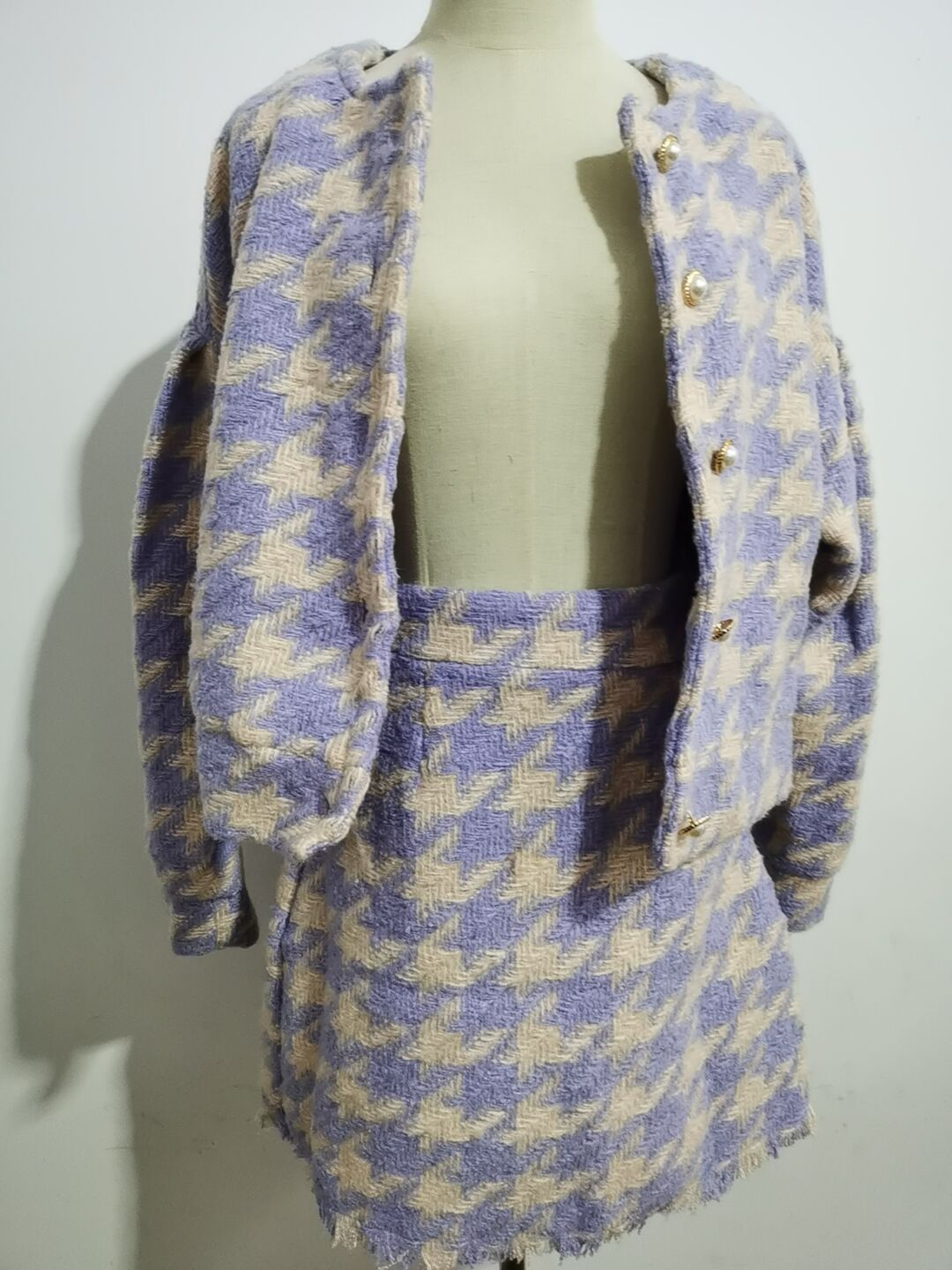 Autumn Winter Two Piece Set, Matching Wool Plaid Jacket and Mini Skirt, Vintage Winter in Purple-White
