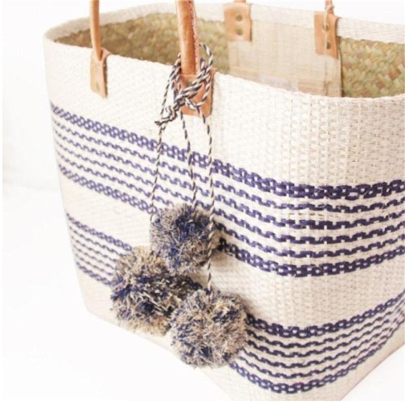 Boho Bag, Woven Straw Rope Basket Bag, Blue Bohemia Vacation