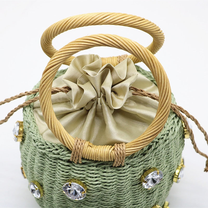 Boho Bag, Woven Straw Rope Basket Bag, Green Diamond Busket