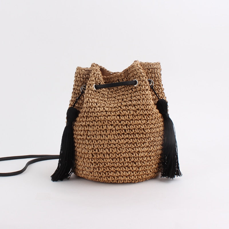 Boho Bag, Woven Straw Rope Bag, Brown Leisure Bucket bag