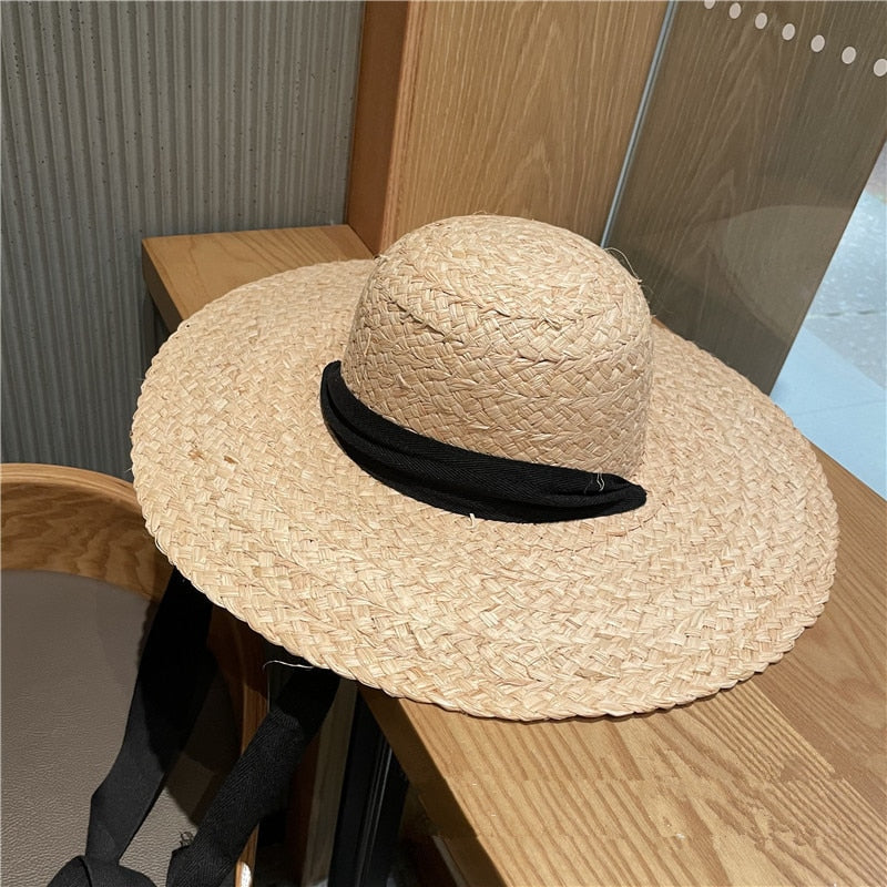 Boho Hat, Beach Sun Hat, Wide Brim Raffia Hat, Marry Round Top in Beige