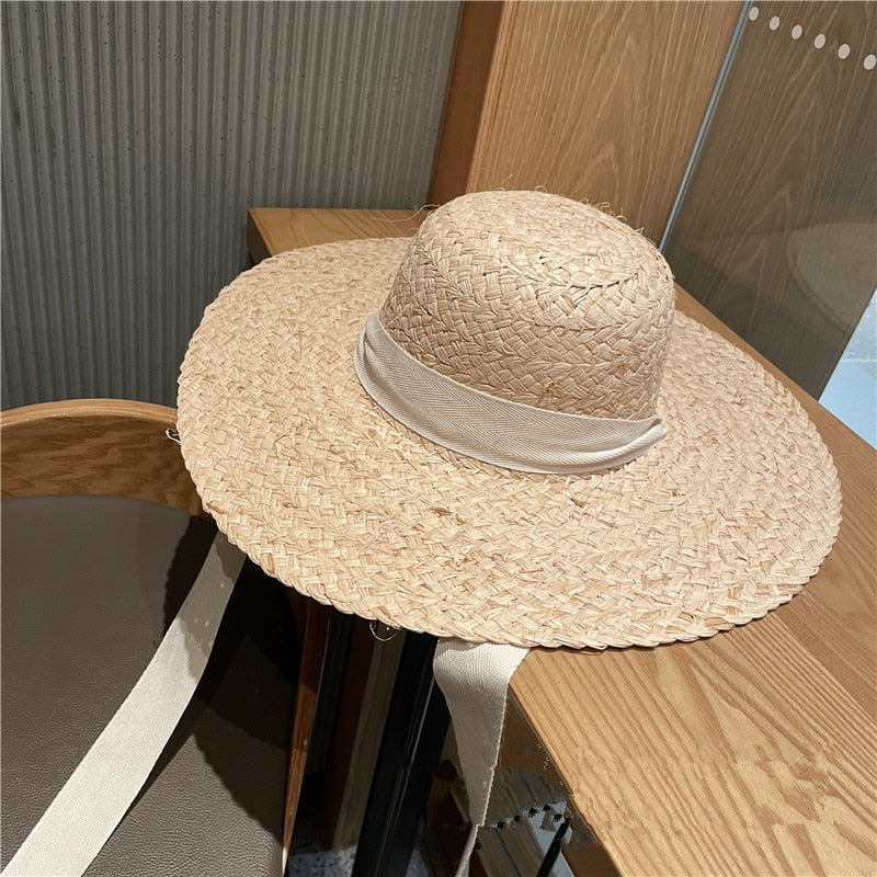 Boho Hat, Beach Sun Hat, Wide Brim Raffia Hat, Marry Round Top in Beige