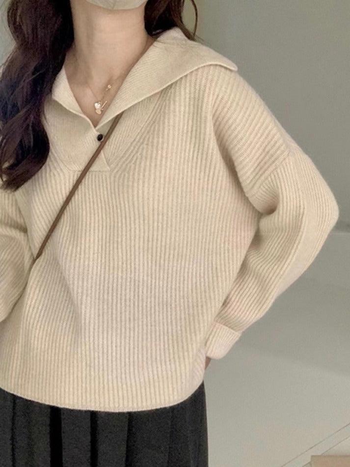 Solid Color Lapel Neck Baggy Sweater
