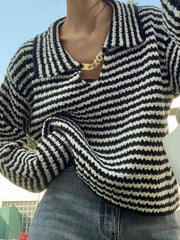 Stripe Lapel Neck Chain Decor Sweater