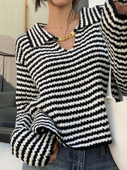 Stripe Lapel Neck Chain Decor Sweater