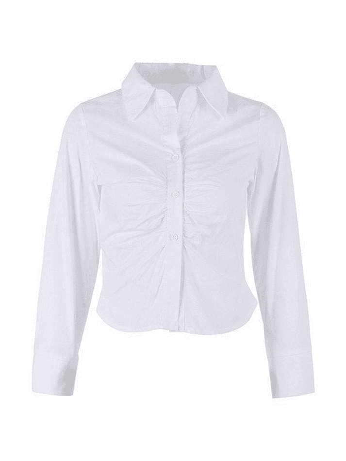 White Ruched Cropped Long Sleeve Blouse
