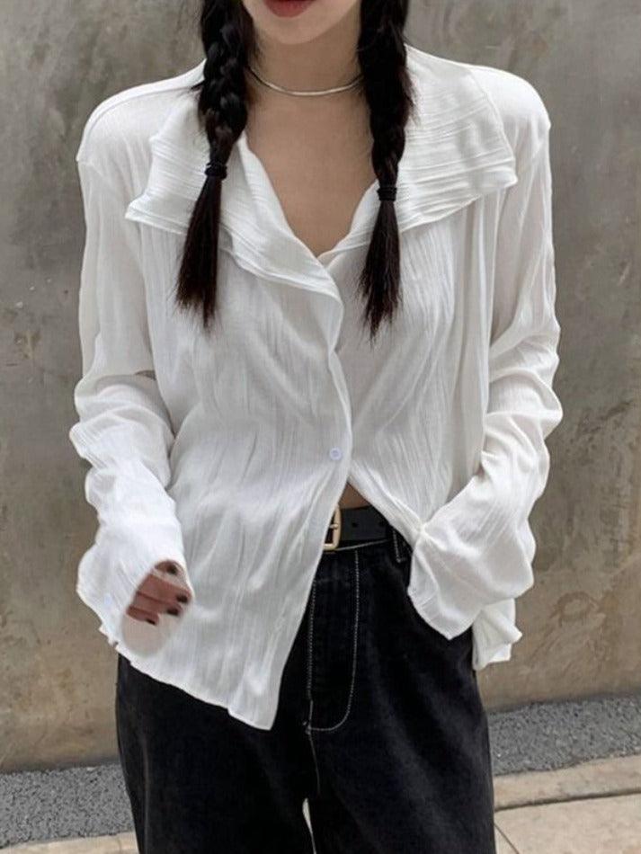 White Wrinkled Textured Baggy Long Sleeve Blouse