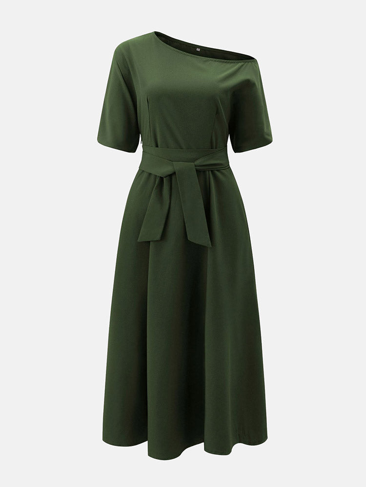Oblique Neckline Half Sleeve Maxi Dress