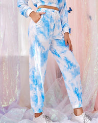 Long-Sleeved Tie-Dye Drawstring Activewear Two-Piece Outfit