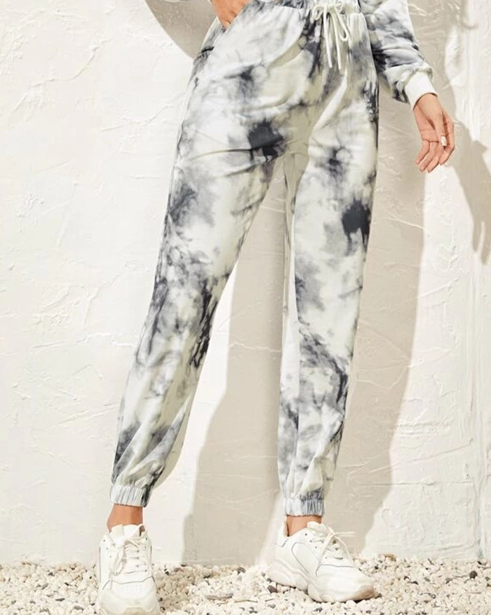 Long-Sleeved Tie-Dye Drawstring Activewear Two-Piece Outfit